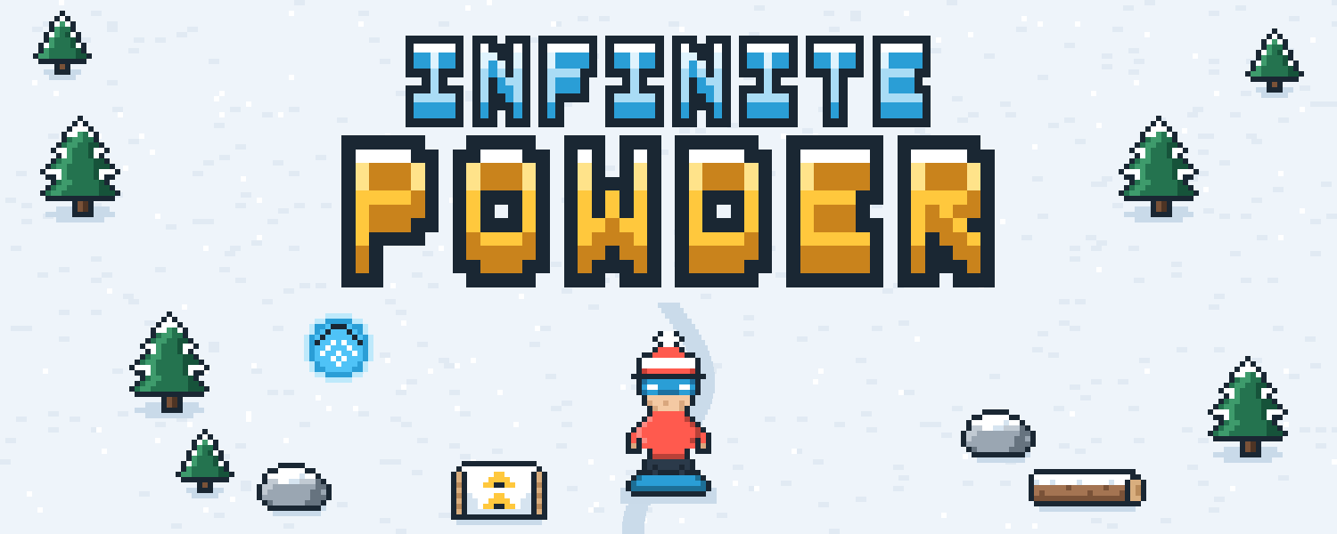 Infinite Powder pixel-art logo above a snowboarder in a red toque on a snowy slope with pine trees, rocks and a ramp