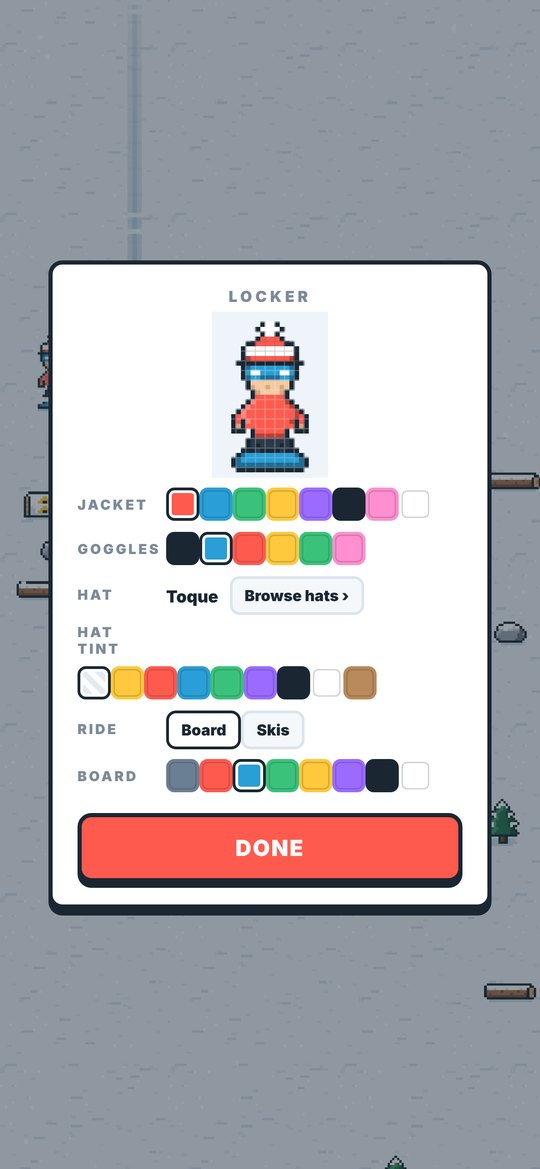 The locker screen with jacket, goggle, hat and board options