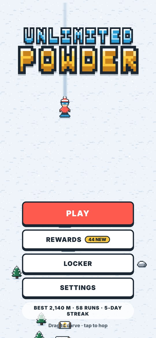 Title screen: the Unlimited Powder pixel logo over the slope, with Play, Rewards, Locker and Settings