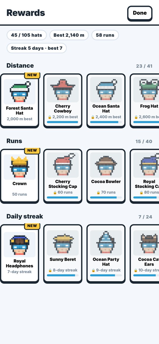 Rewards screen with rows of hats to unlock by distance, runs and daily streak