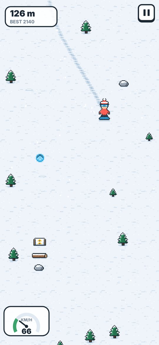 Gameplay: the rider carves between pine trees and rocks, 93 metres in